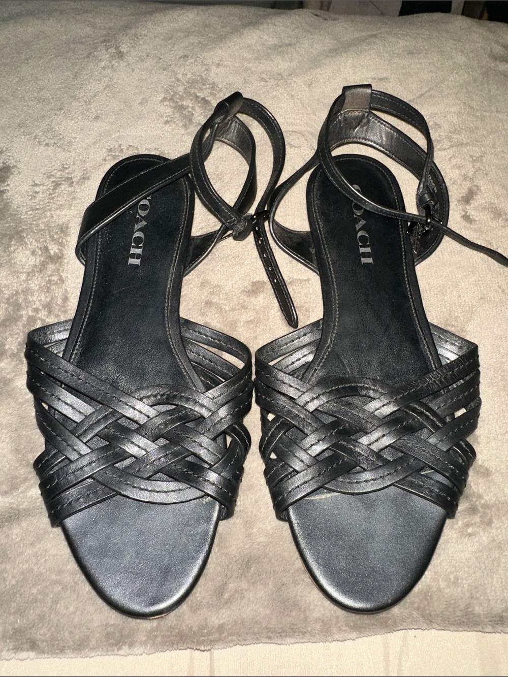 Coach Black Woven Leather Ankle-Strap Sandals